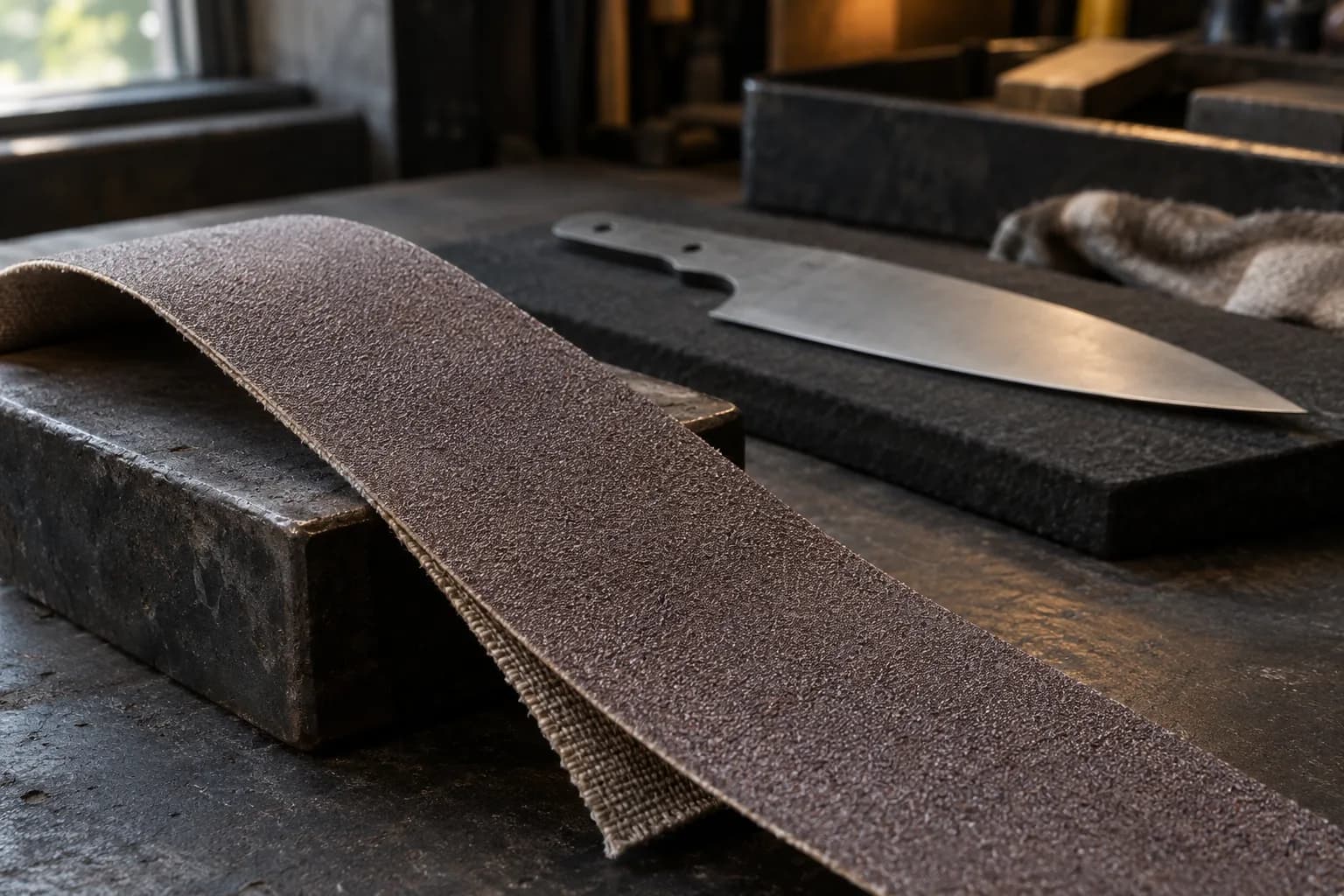 Fine-grain cloth-backed abrasive strip curled over a steel block, with a thin kitchen knife blank on a dark pad behind.