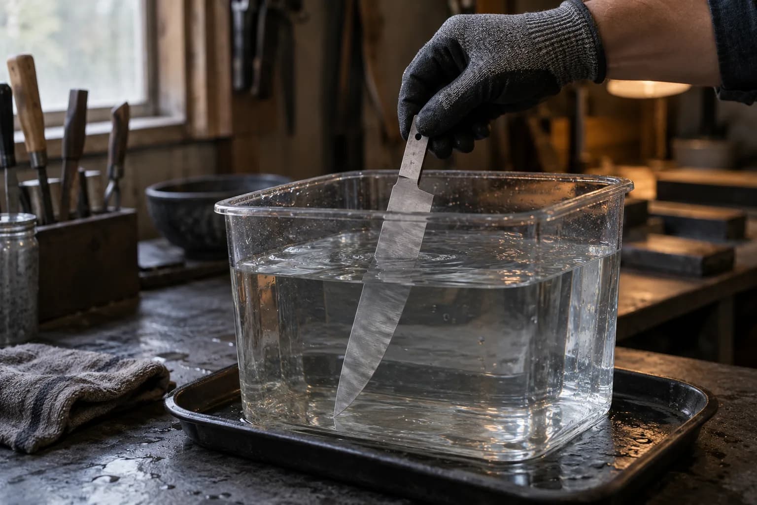 Gloved hand lowering a gray thin kitchen blade by its tang into a clear tub of water on a wet bench tray.