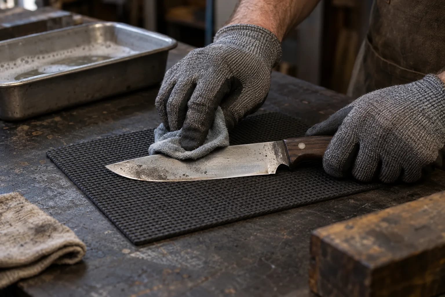 Gloved hand wiping a dirty fixed-blade knife with a grey cloth on a rubber mat beside a tray of soapy water.