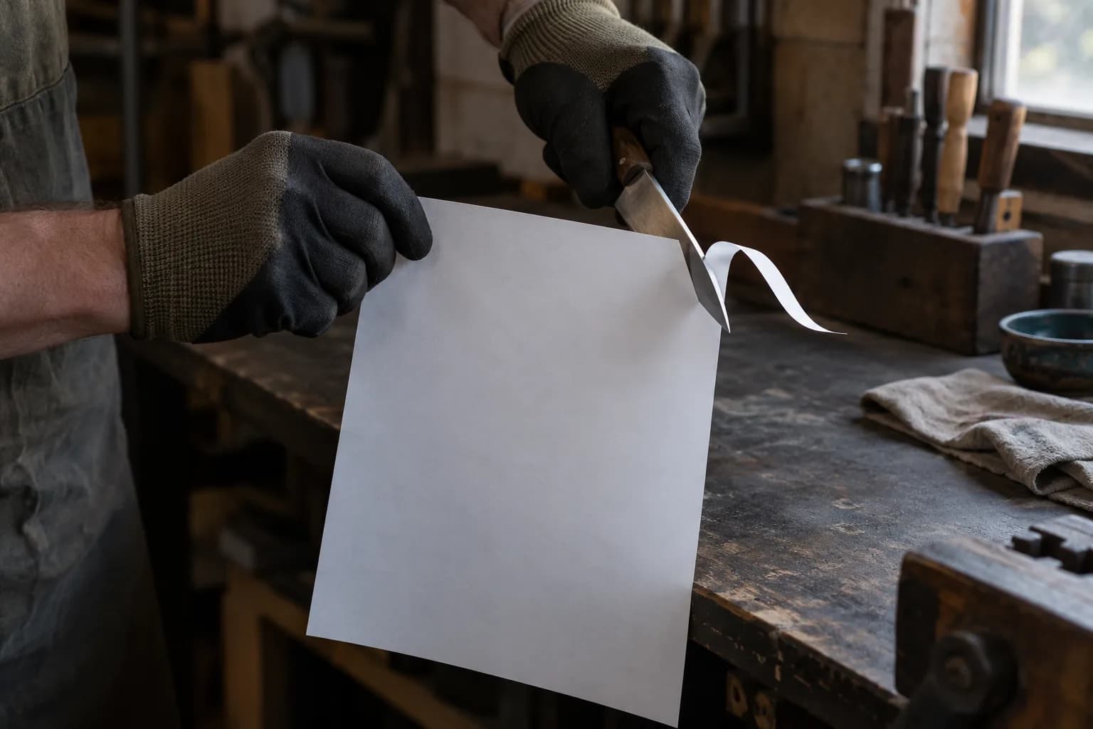 Gloved hands drawing a small knife down through the free edge of a hanging white sheet, a thin paper ribbon curling off.