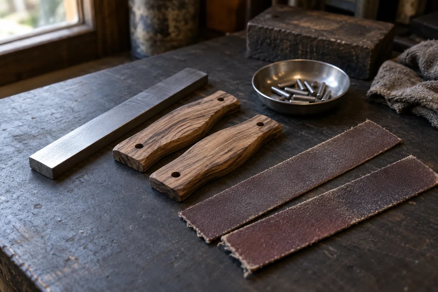 Steel bar, two wood handle scales, a dish of pins and two worn abrasive strips laid out on a dark workshop bench.