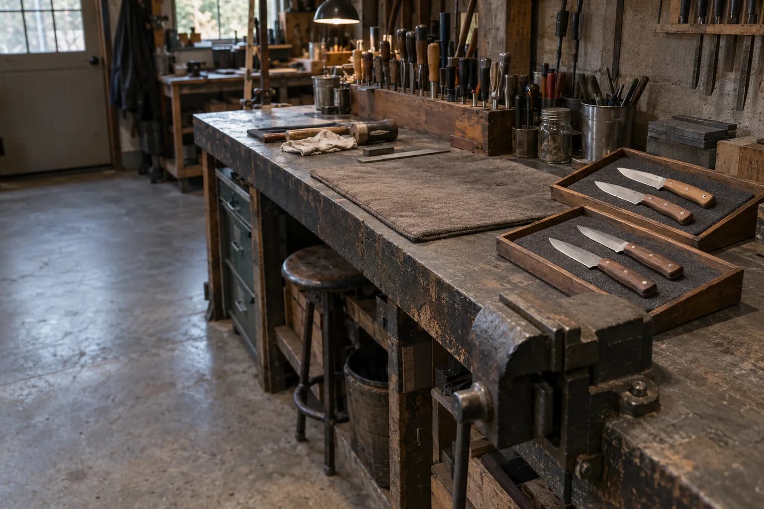 Wide view of a worn shop bench with upright tools at the back, a felt pad, two padded trays of finished knives and a vise.
