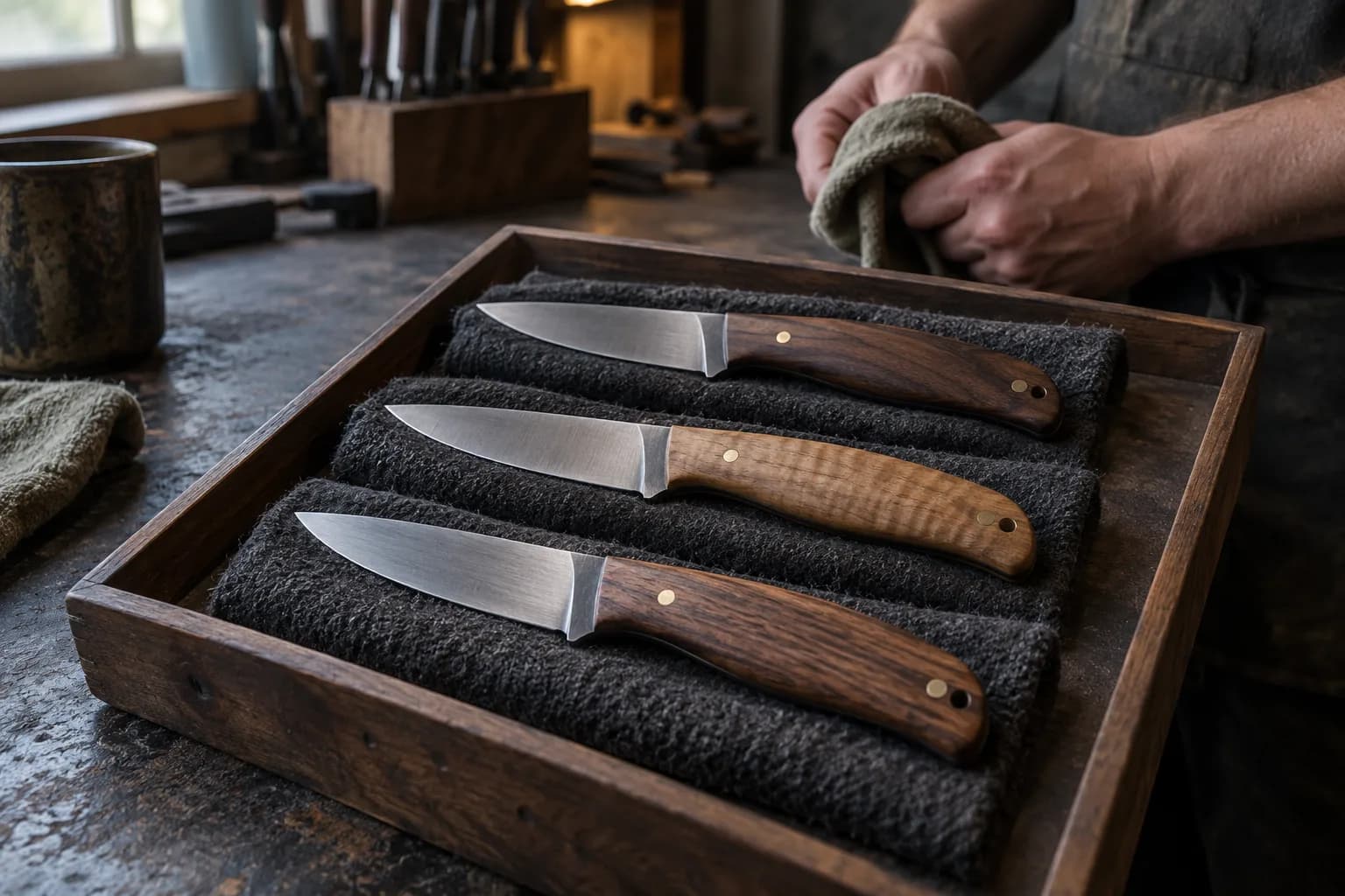 Three similar drop-point knives with wood handles and brass pins resting on dark felt rolls in a wooden tray.