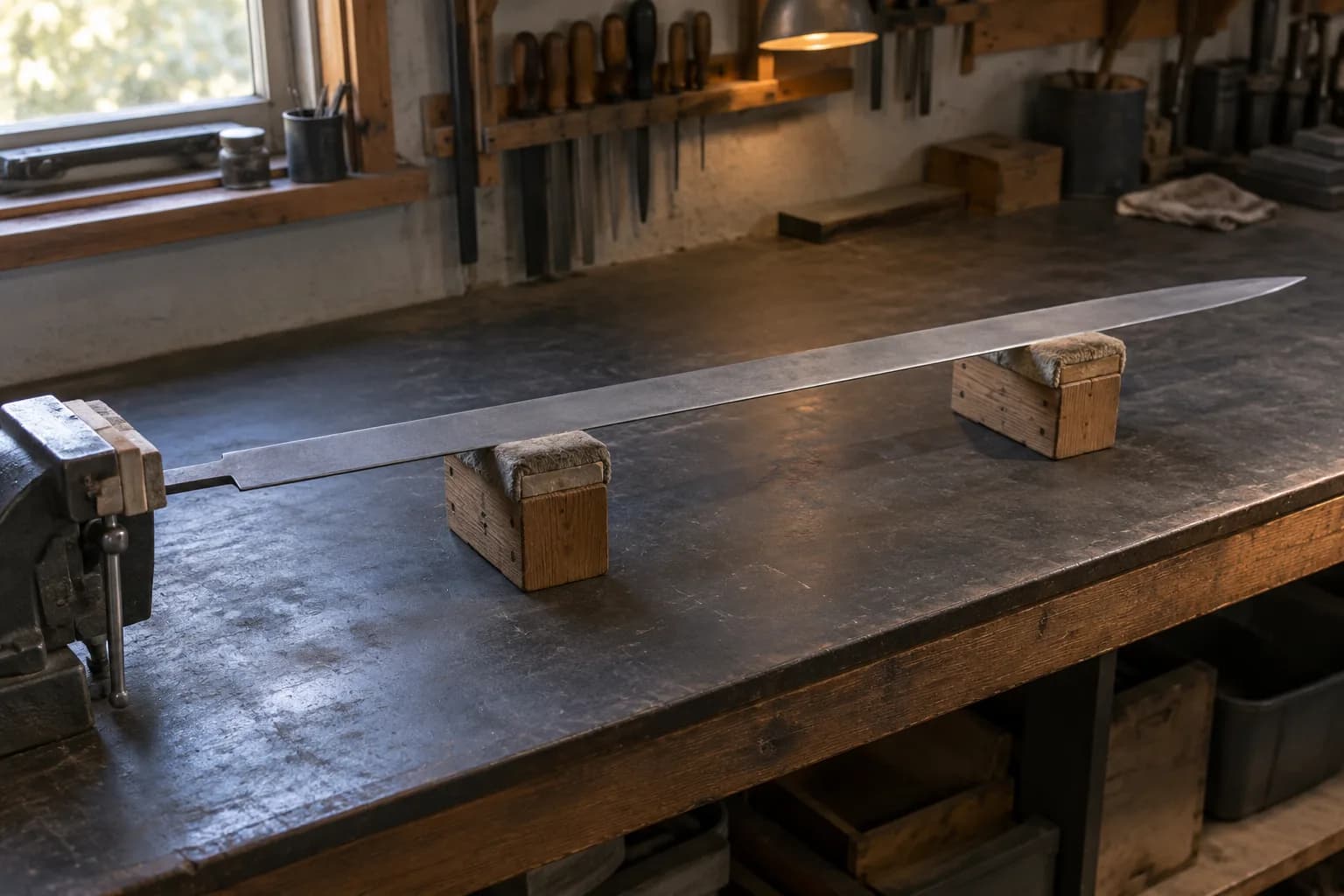Long unhandled blade blank lying flat on two padded wooden saddles on a dark shop bench, tang clamped in a vise.