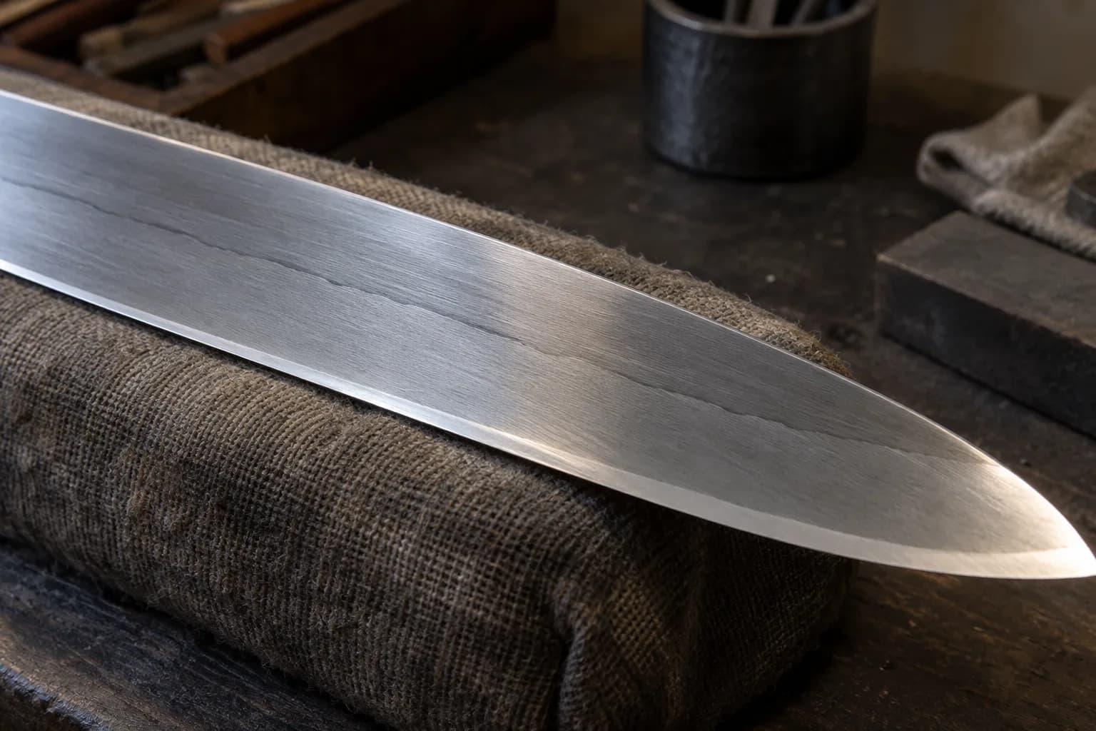 Ground san mai blade section on a burlap-wrapped pad, with a faint continuous weld line above an even bevel and edge.