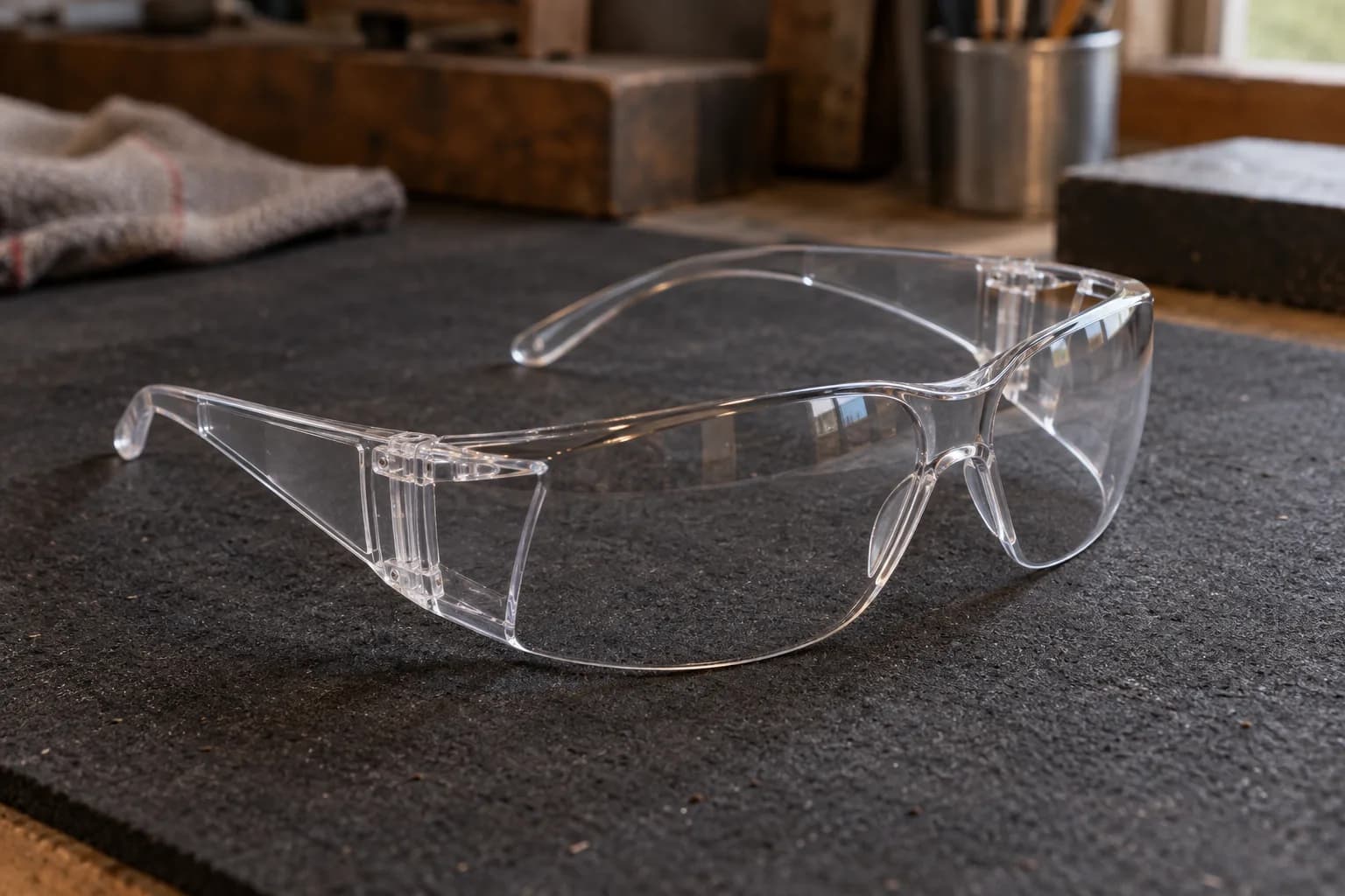 Clear wraparound safety glasses with integral side shields resting open on a dark workshop mat.