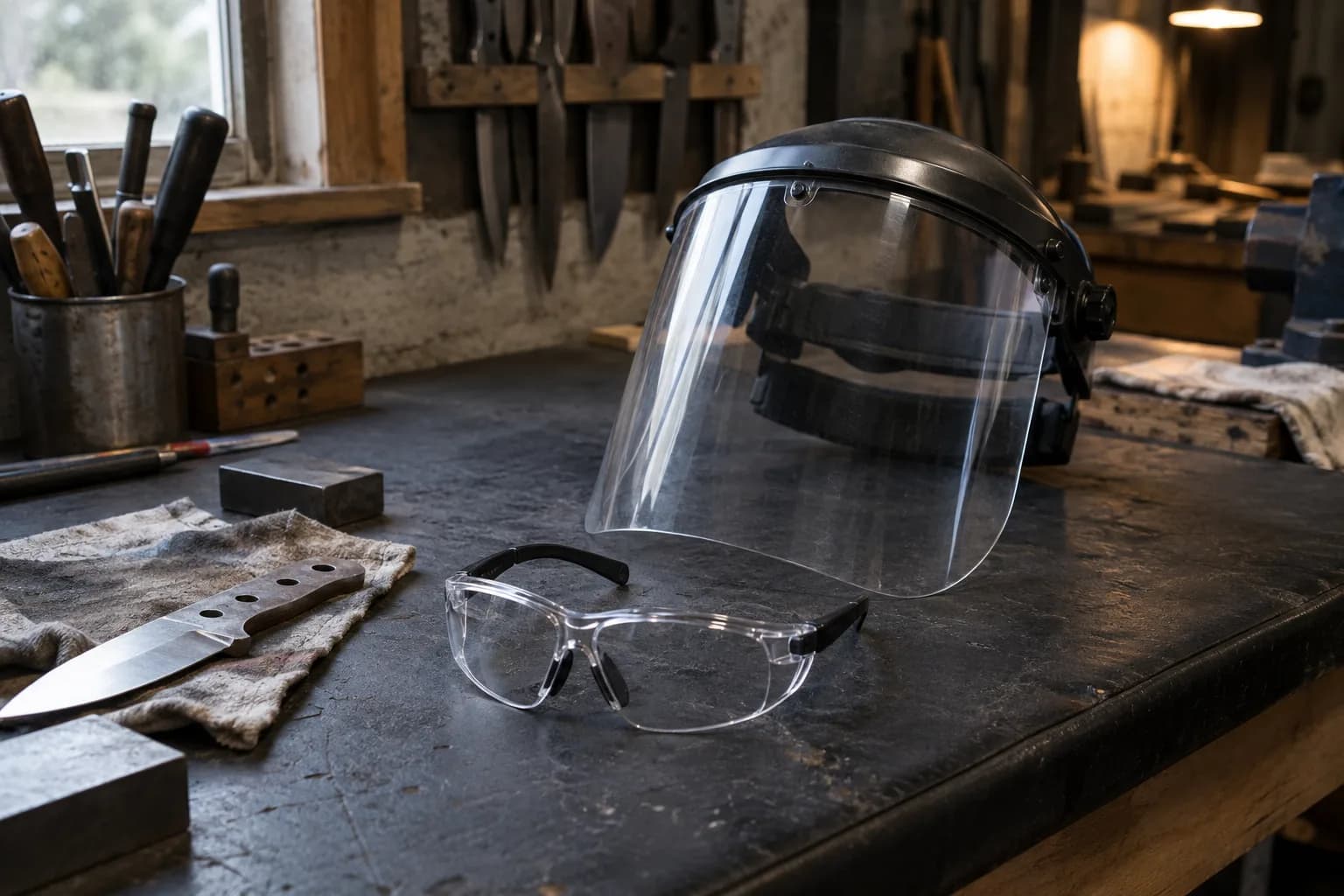 Clear face shield on a black headband beside separate clear safety glasses on a dark bench, a knife on a rag nearby.