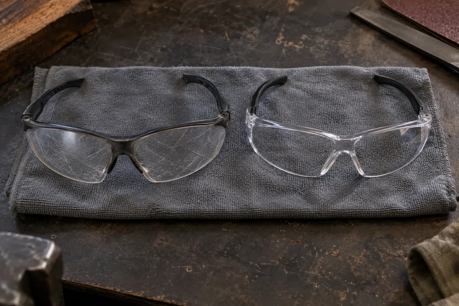 Scratched dark-framed safety glasses beside a clear replacement pair on a folded gray microfiber cloth.