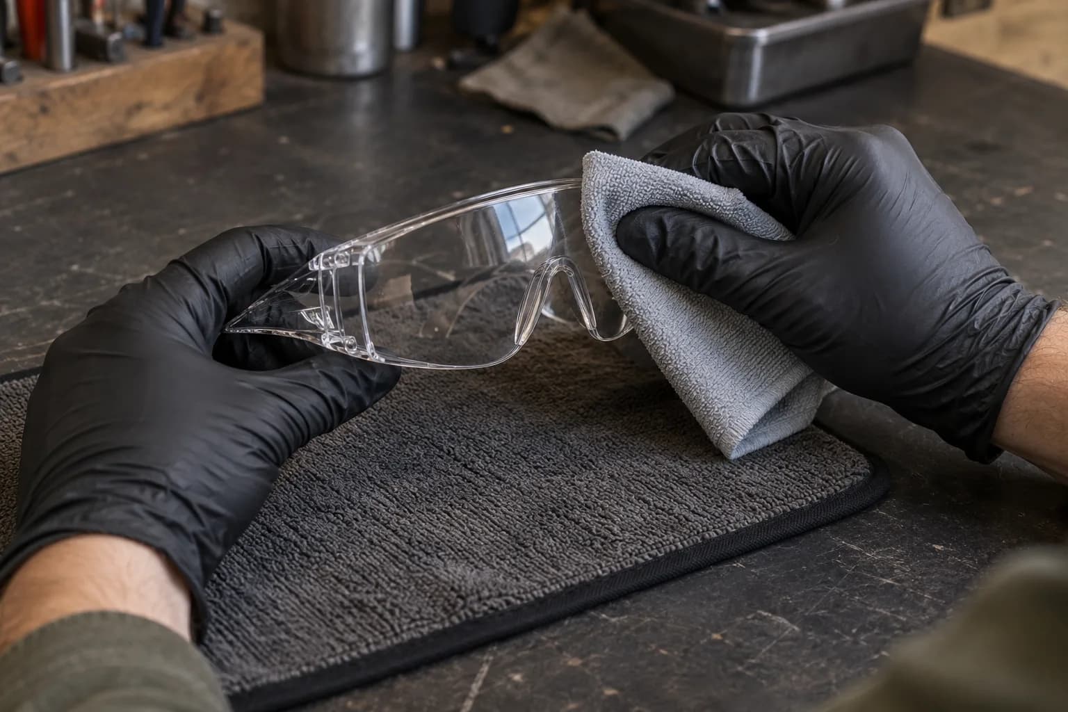 Black-gloved hands wiping clear safety glasses with a gray microfiber cloth over a padded mat.