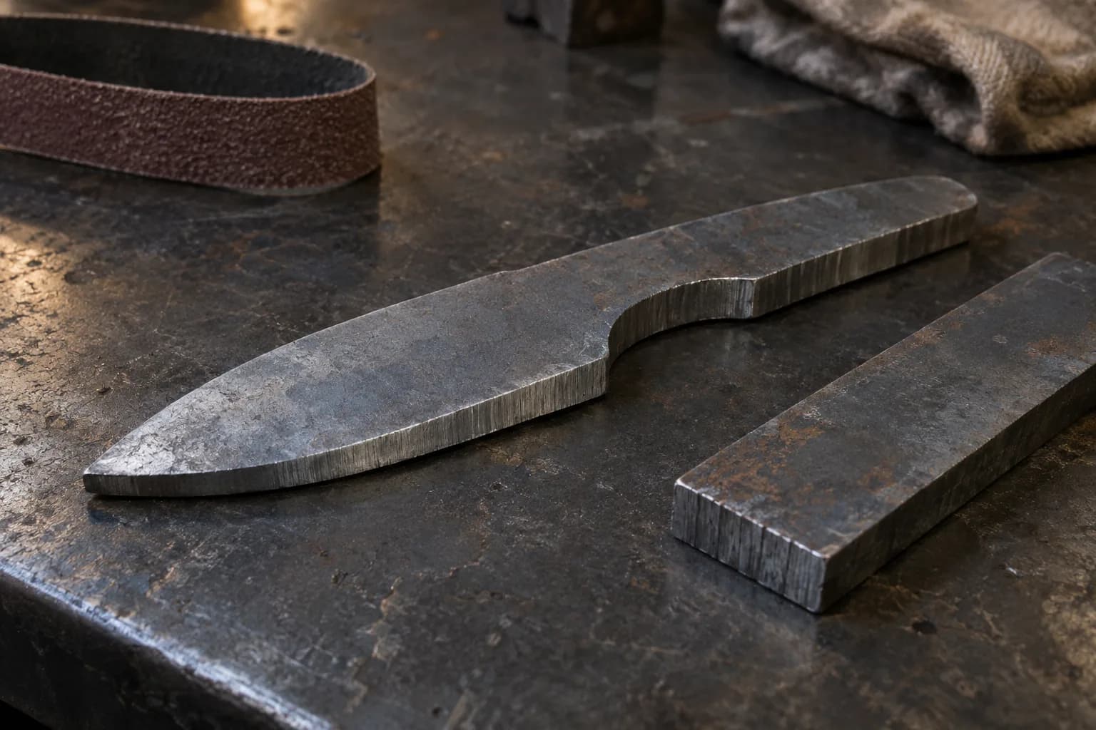 Rough-profiled knife blank with coarse grinding scratches on its edges, beside a steel offcut and a coarse sanding belt.