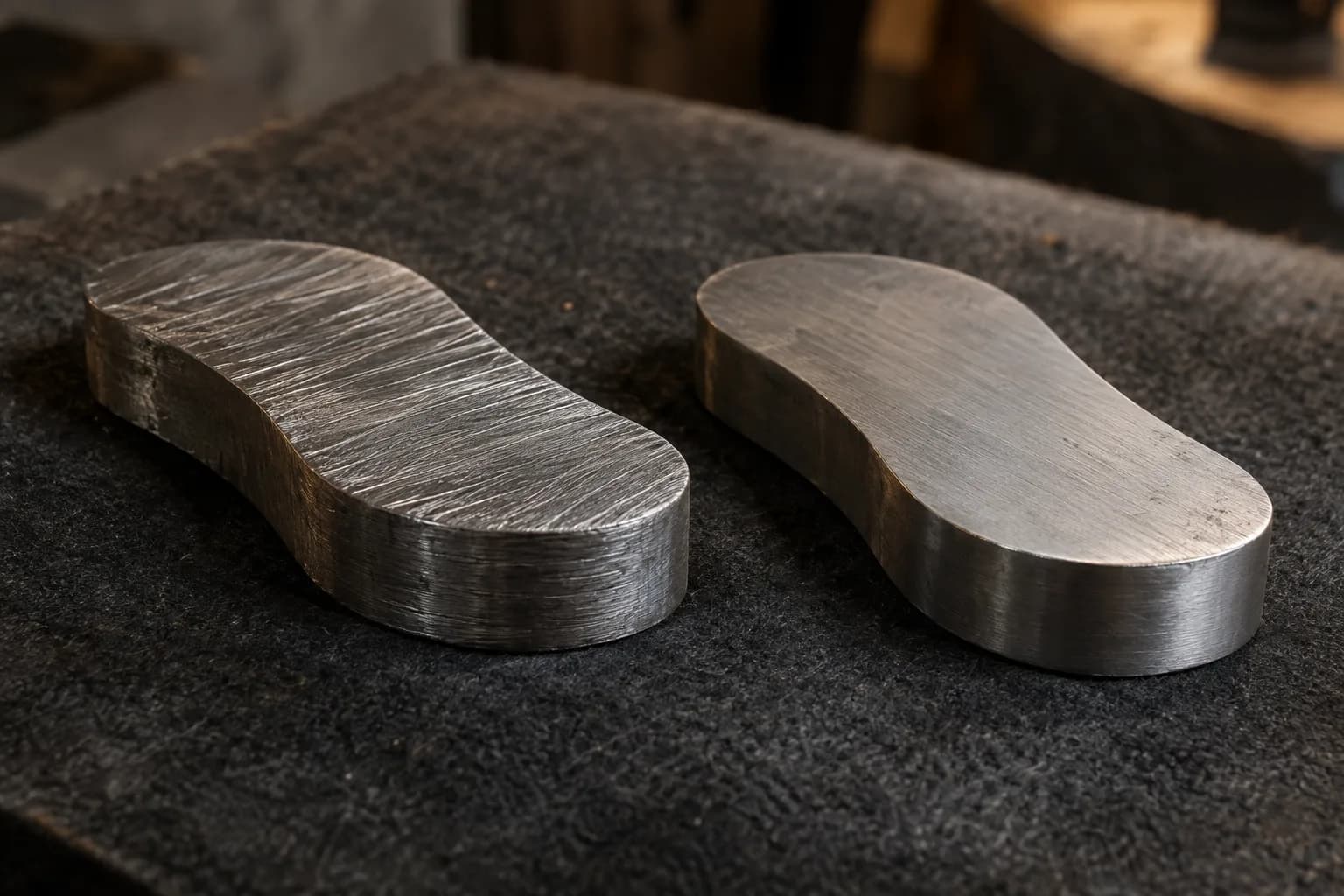 Two thick steel coupons with the same rounded outline, the left coarsely scratched and the right smoother, on dark felt.