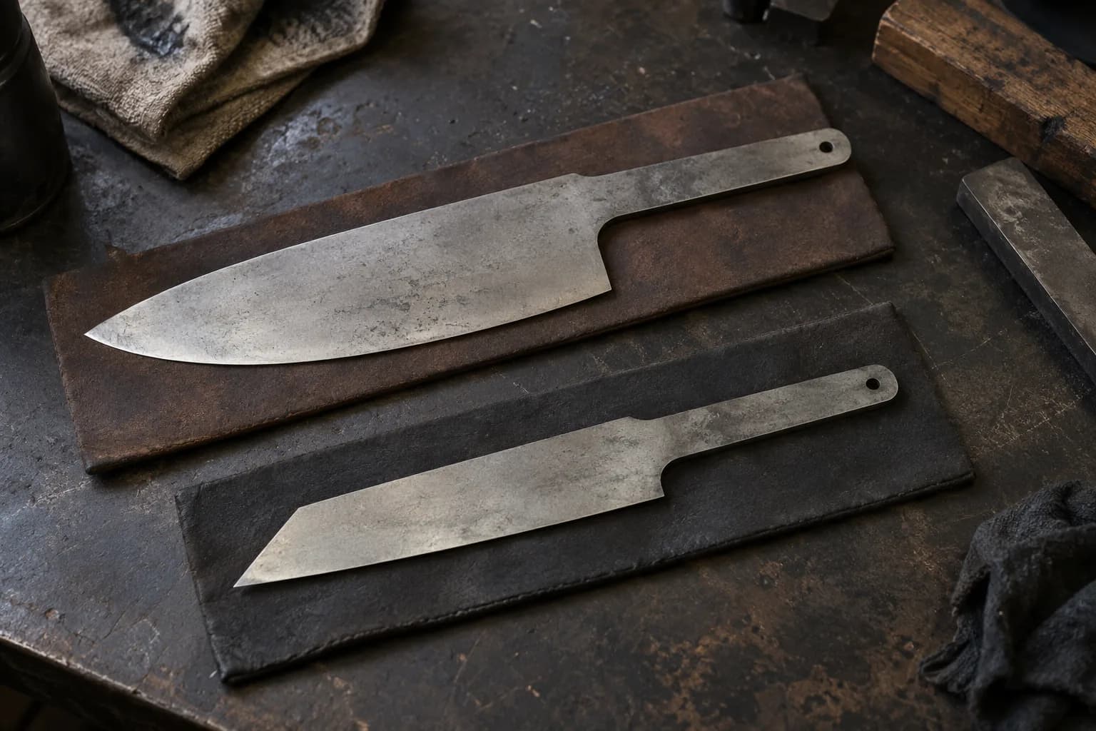 Curved chef-knife blank and a straight-edged angled-tip utility blank, each laid on its own pad on a dark bench.