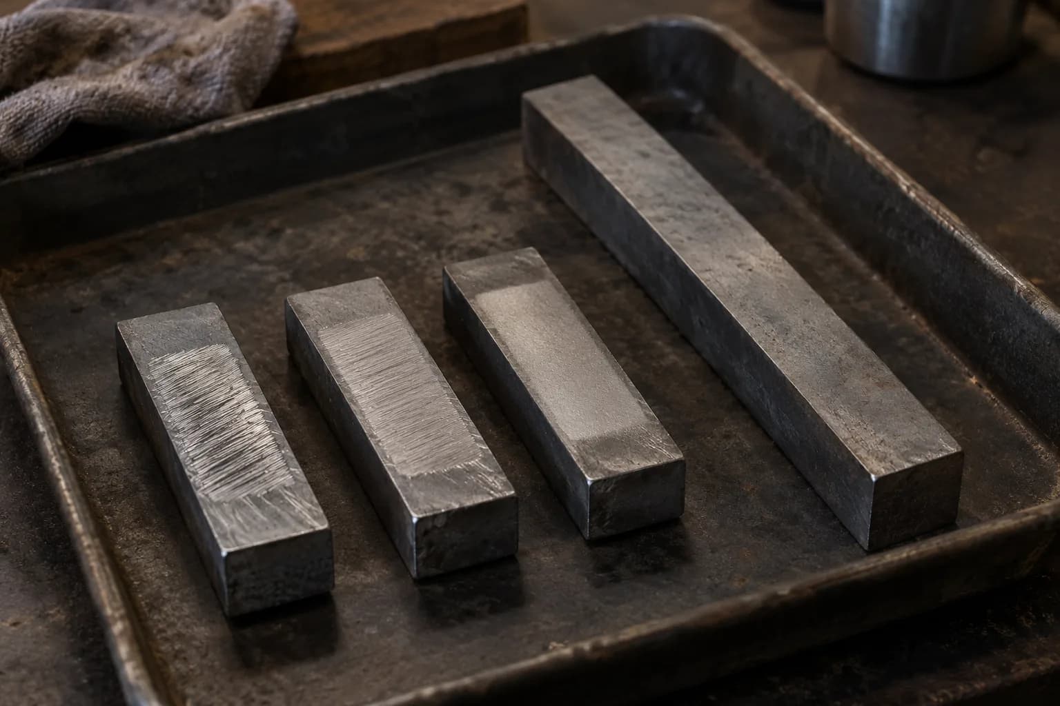 Three steel scrap bars with coarse, medium and fine abrasive test patches in a tray beside the longer offcut.