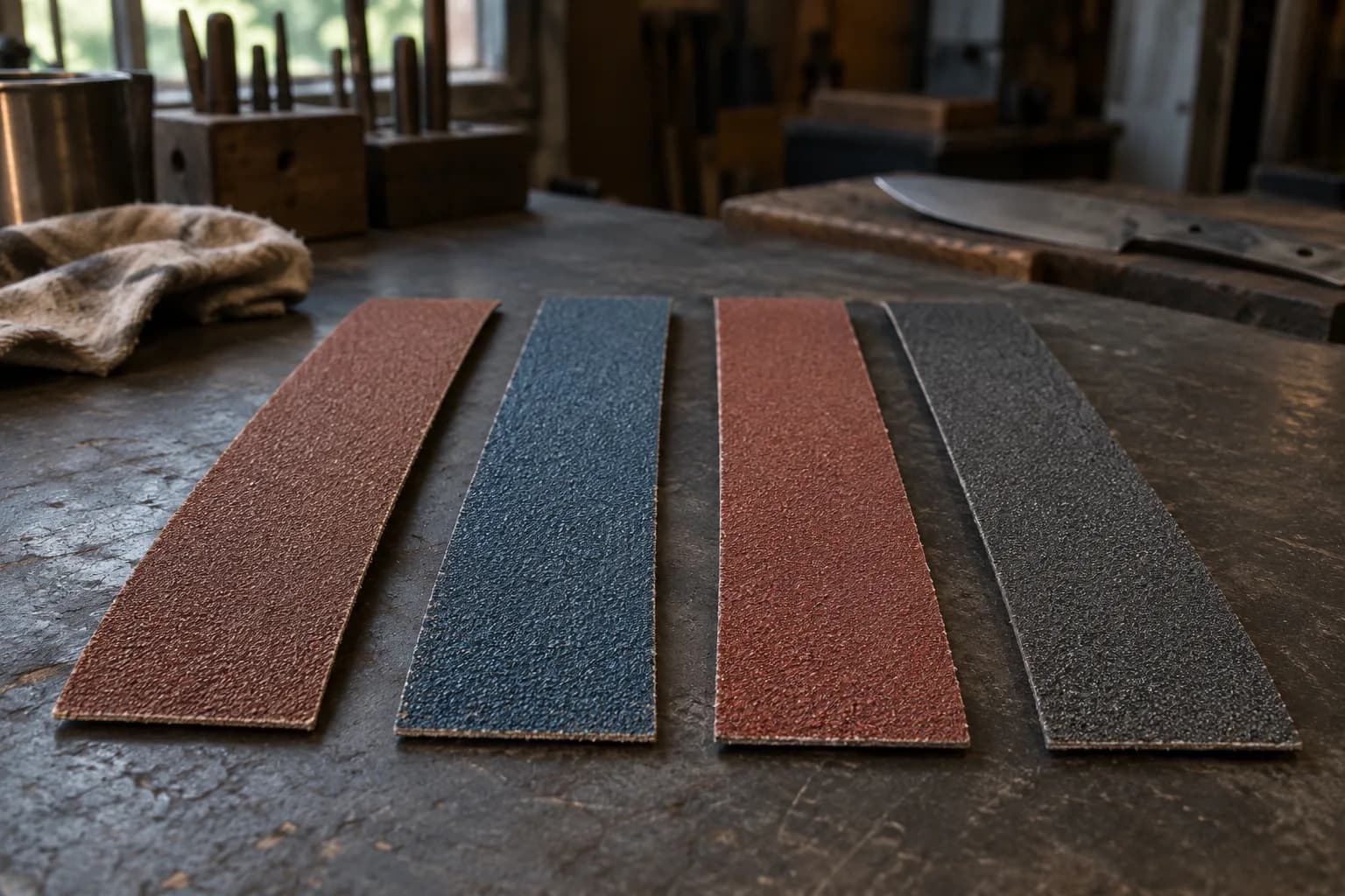 Four flat abrasive belt strips in brown, blue, red and dark gray lying side by side on a dark steel bench.