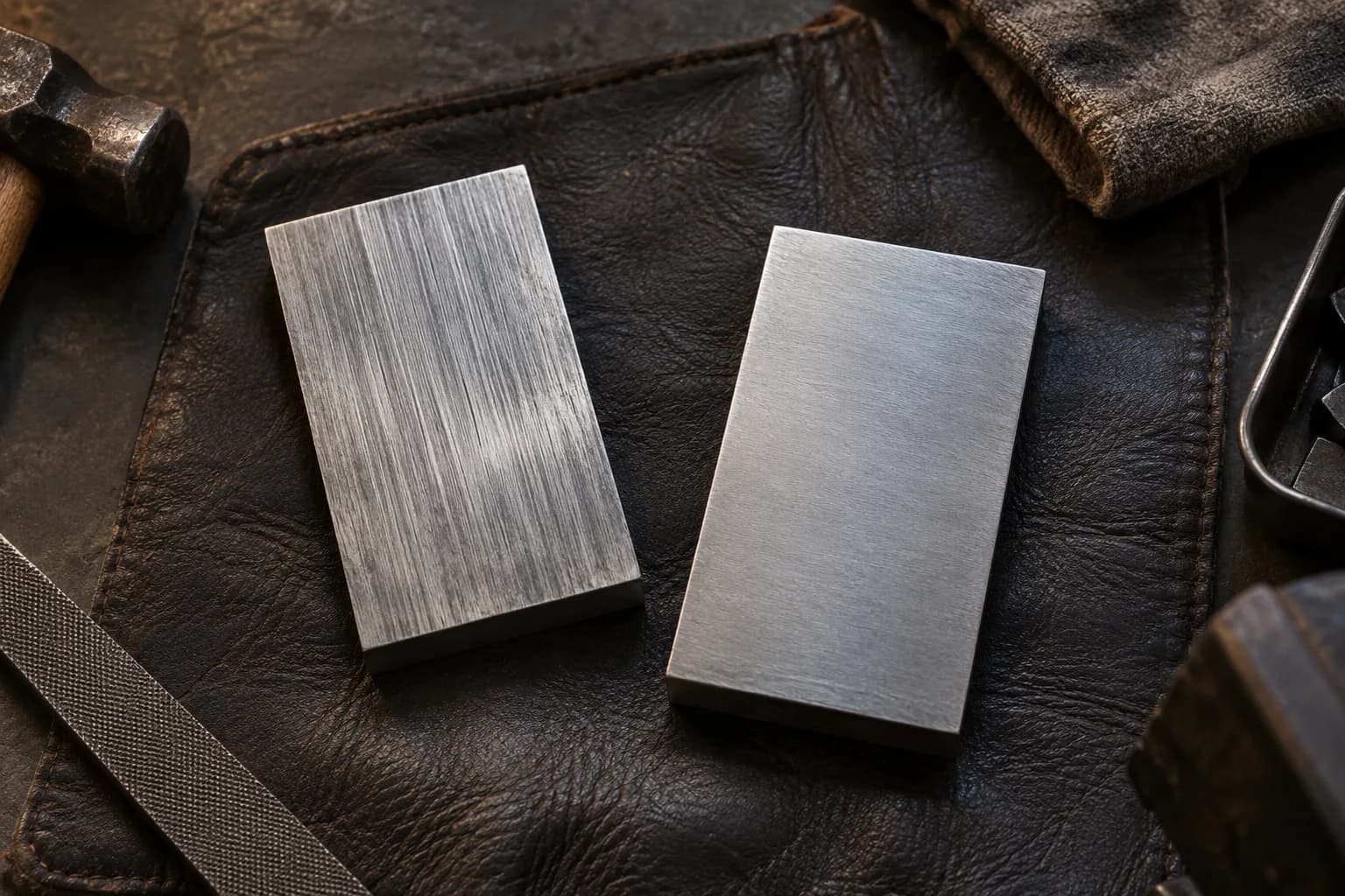 Two steel blocks on dark leather, the left with coarse straight scratches and the right with a fine satin finish.