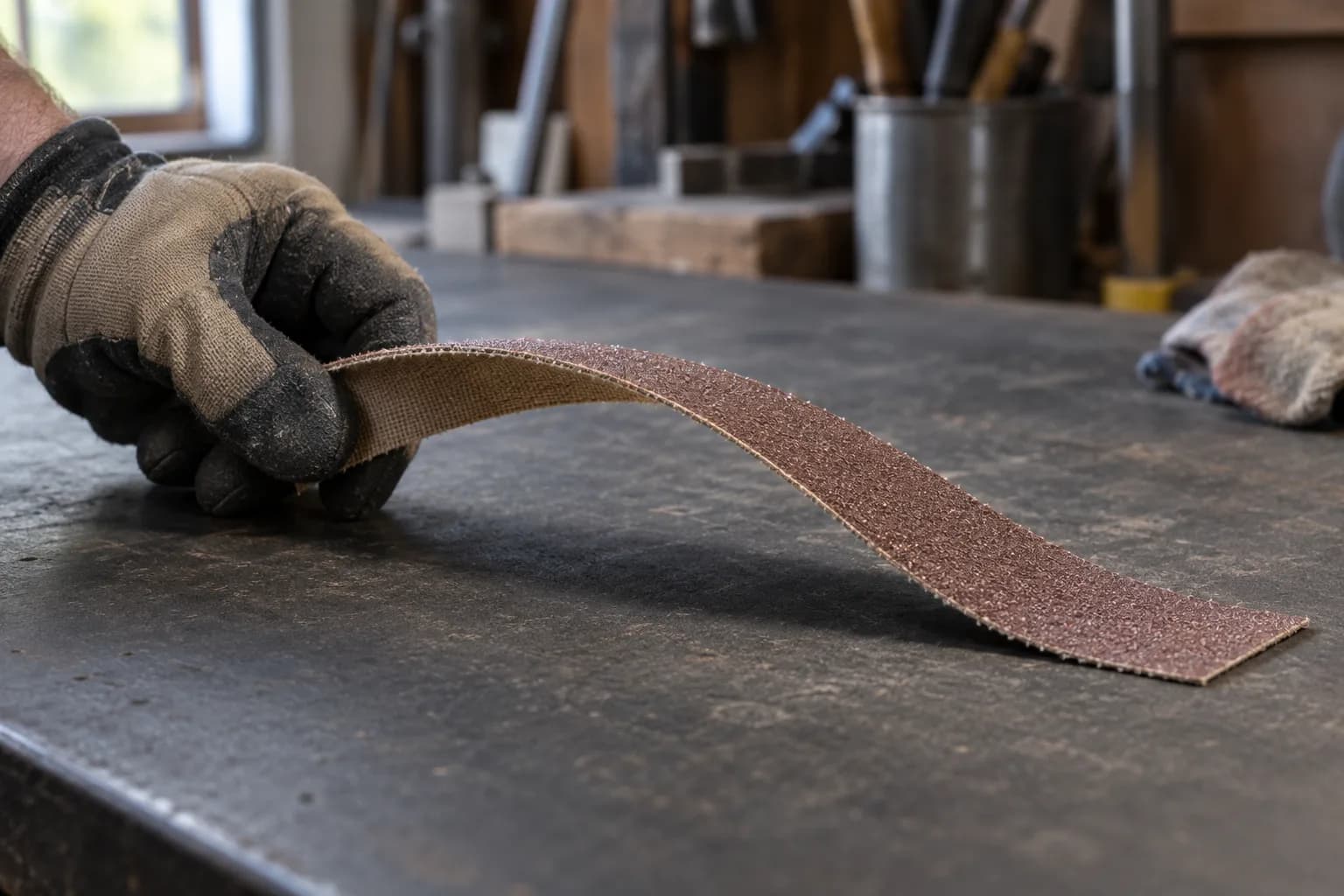 Gloved hand lifting one end of an abrasive strip off a dark bench, showing its tan woven cloth backing under the grit side