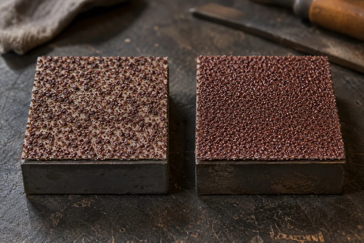 Two steel blocks topped with abrasive swatches, the left with sparse grain and the right densely coated.