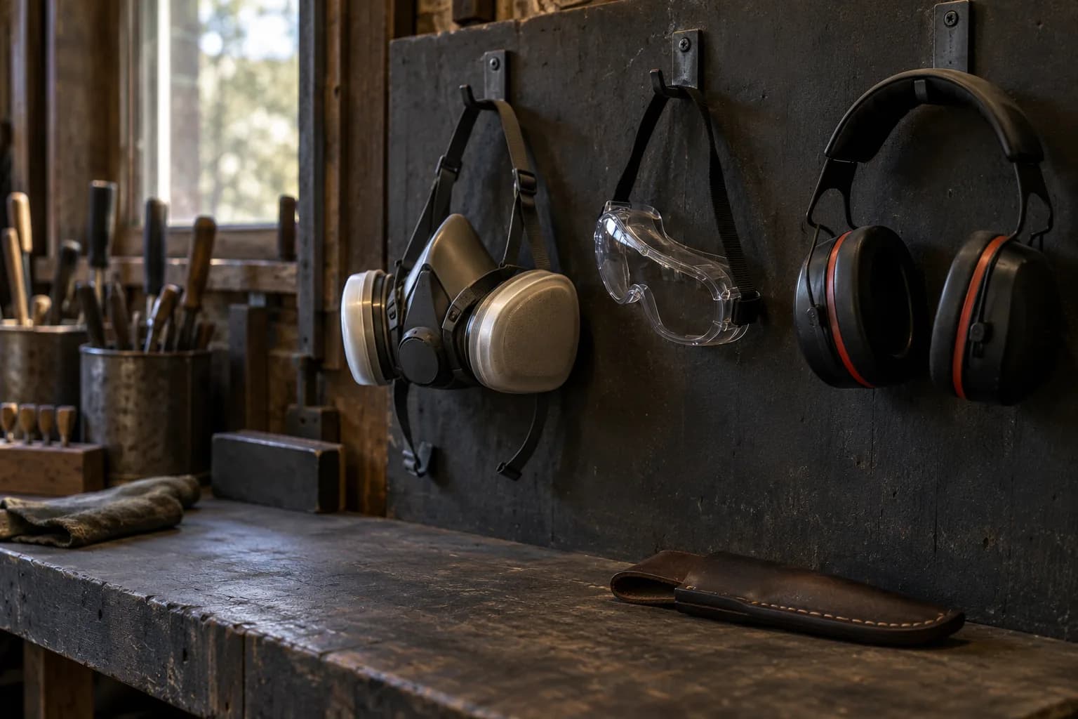 Half-mask respirator, clear goggles and earmuffs hung on wall hooks above a dark bench with a closed leather knife sheath.