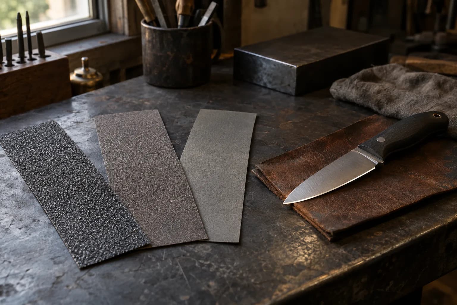 Three abrasive strips from coarse to fine fanned out beside a drop-point knife lying on a folded leather pad.