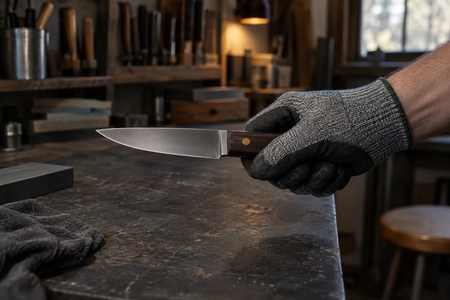 Gloved hand gripping a fixed-blade knife by its dark wood handle, blade held level over a scarred charcoal bench