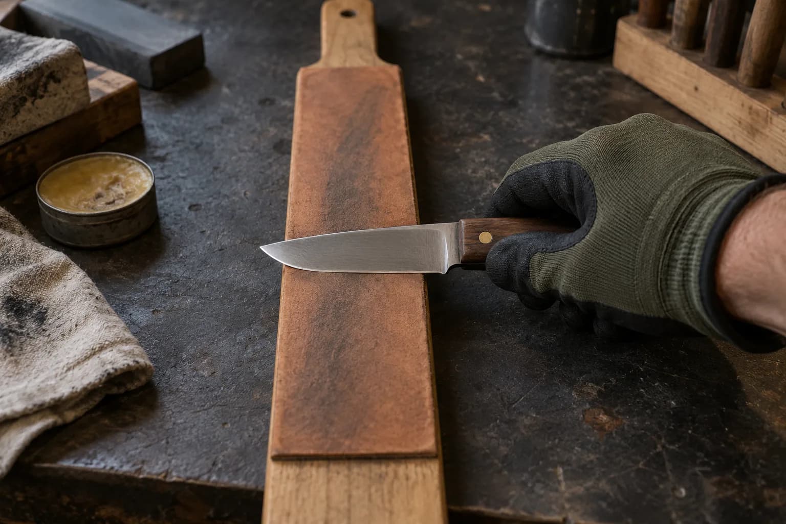 Gloved hand lays a knife flat across a leather paddle strop with the spine away and the edge toward the camera.