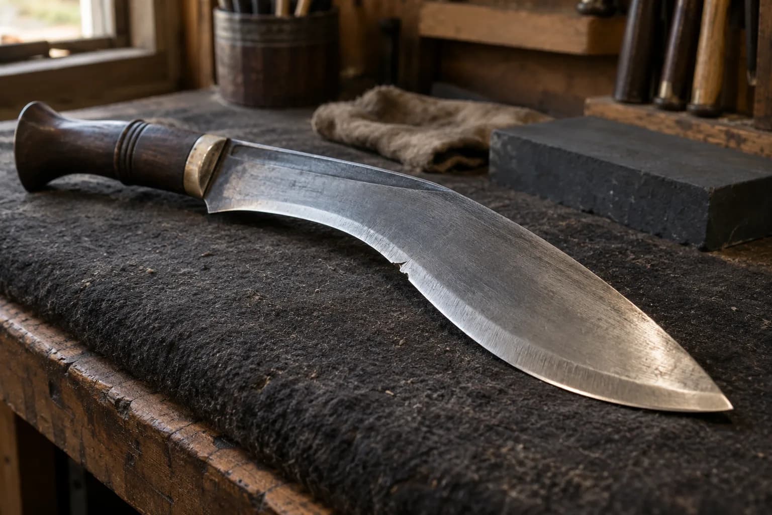Cleaned kukri with a small nick in its recurve edge lying on a dark felt pad, wood handle at left, stone block behind.