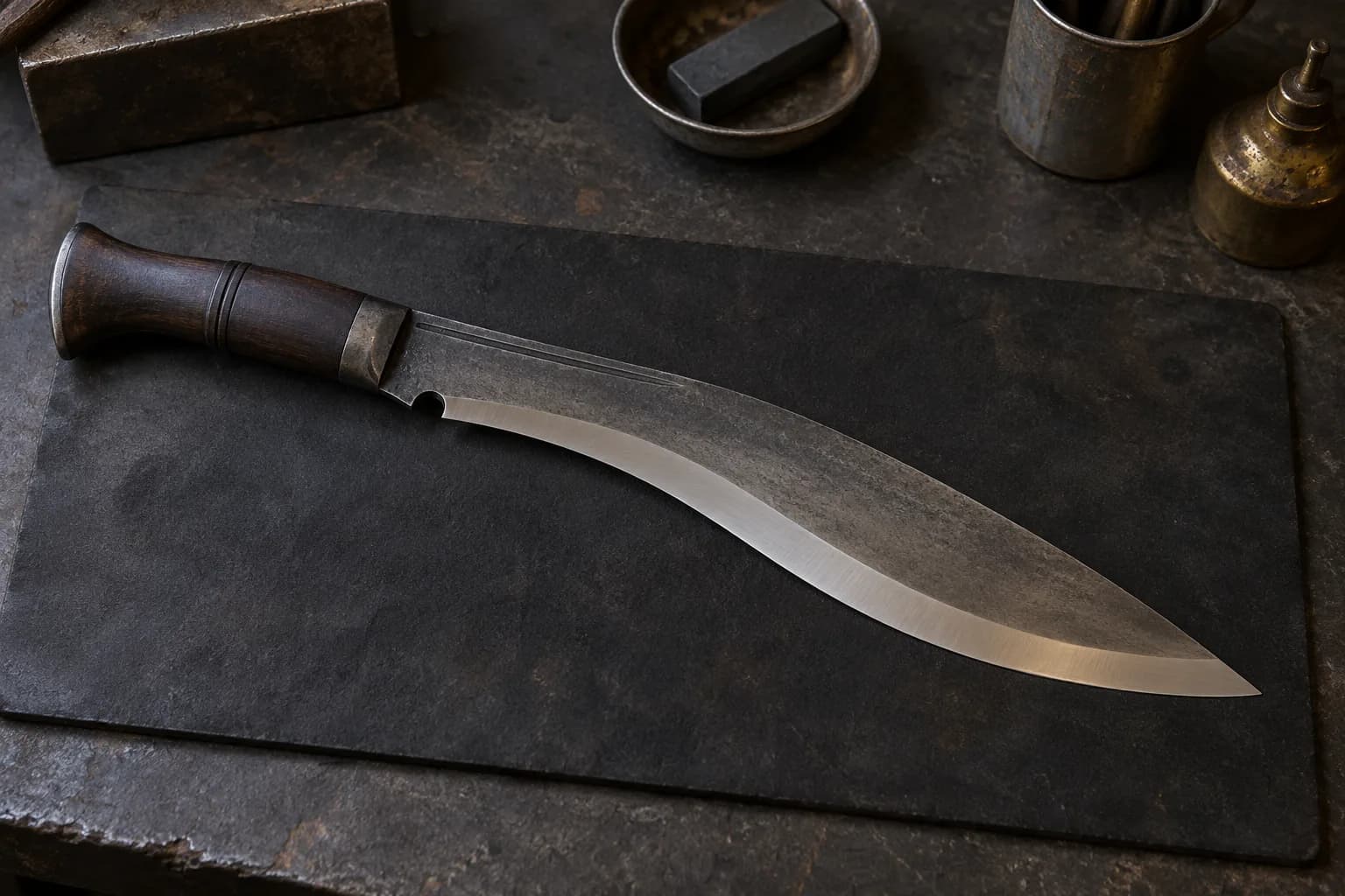 Kukri lying flat on a dark pad, wood handle left, with a bright sharpened band along its recurve and belly, shop tools behind.