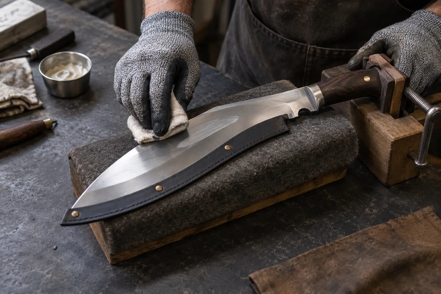 Gloved hand wipes polishing compound from the flat of a kukri, edge under a leather guard, on a felt block with a wood clamp.
