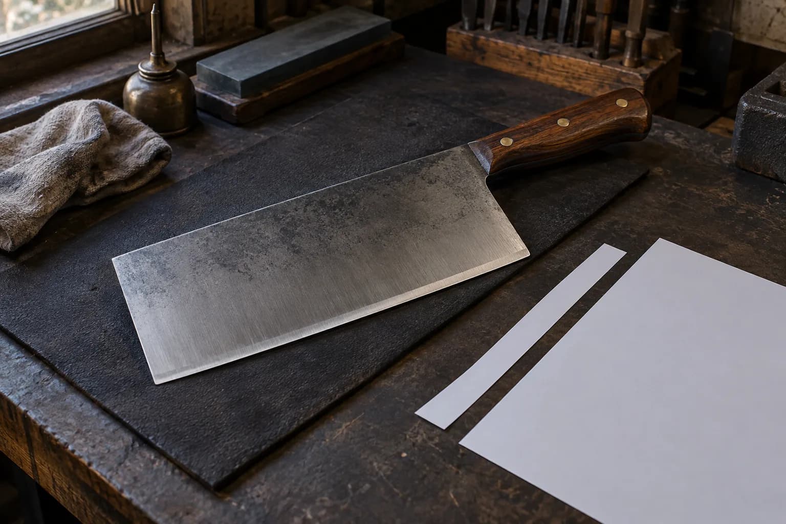 Broad cleaver with a pinned wood handle lying on a dark pad beside a blank sheet of paper and a cleanly cut strip.