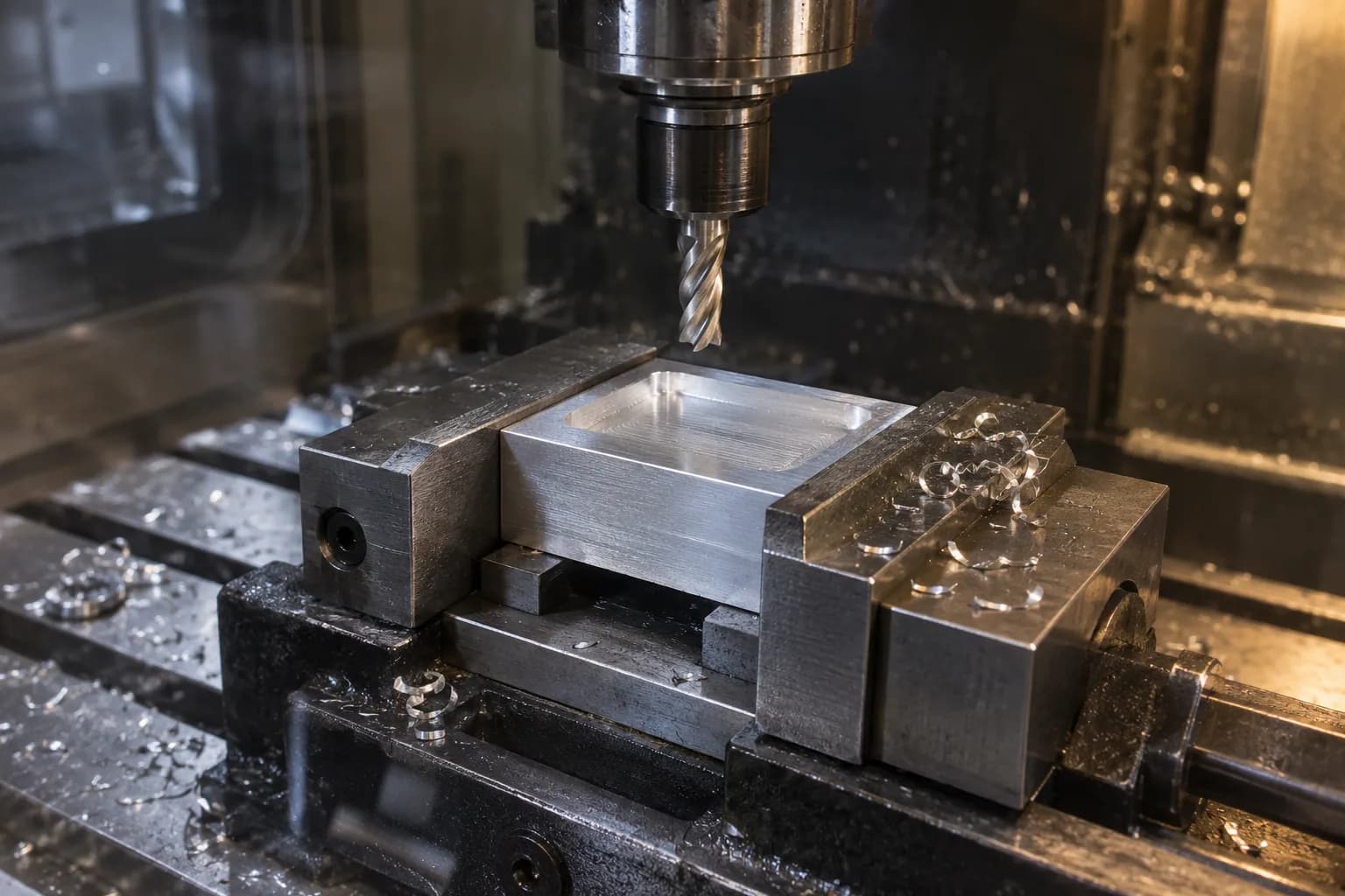 Aluminum block with a shallow milled pocket clamped in a vise on parallels beneath a stopped end mill, chips on the jaws.