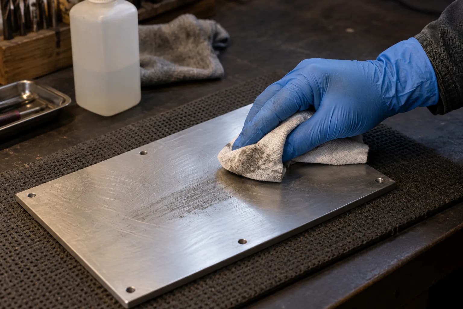 Blue-gloved hand wiping a grimy bare metal panel with a soft cloth on a dark nonslip mat, with a plain bottle behind.