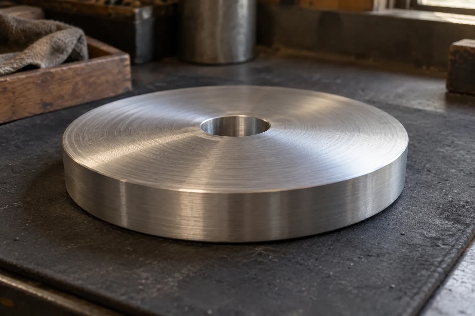 Thick machined aluminum disc with concentric turning marks and a central bore, resting flat on a dark rubber pad in a workshop.