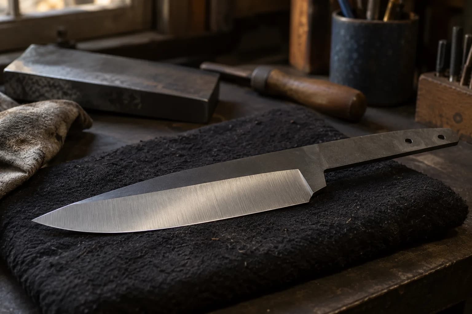 Plain steel knife blank with a straight grind shoulder and fine even scratches on the bevel, lying on a black towel.