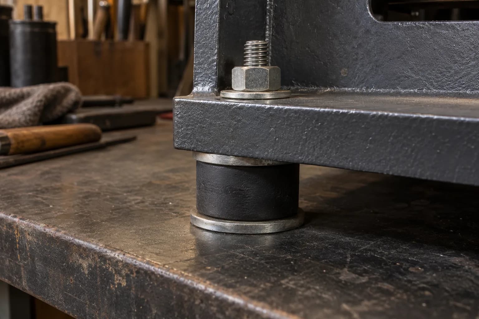 Black rubber isolation mount between two steel washers under the corner of a cast machine base, with a nut and stud above.