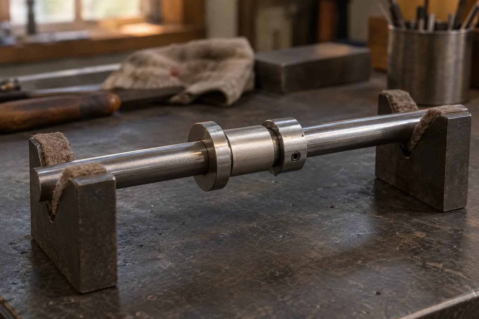 Turned spacer sleeve on a steel shaft between two collars, shaft resting in padded V-blocks on a dark bench.