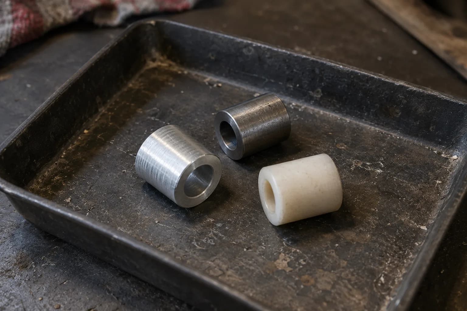 Aluminum, steel and cream polymer spacer sleeves lying on their sides in a worn dark metal parts tray.