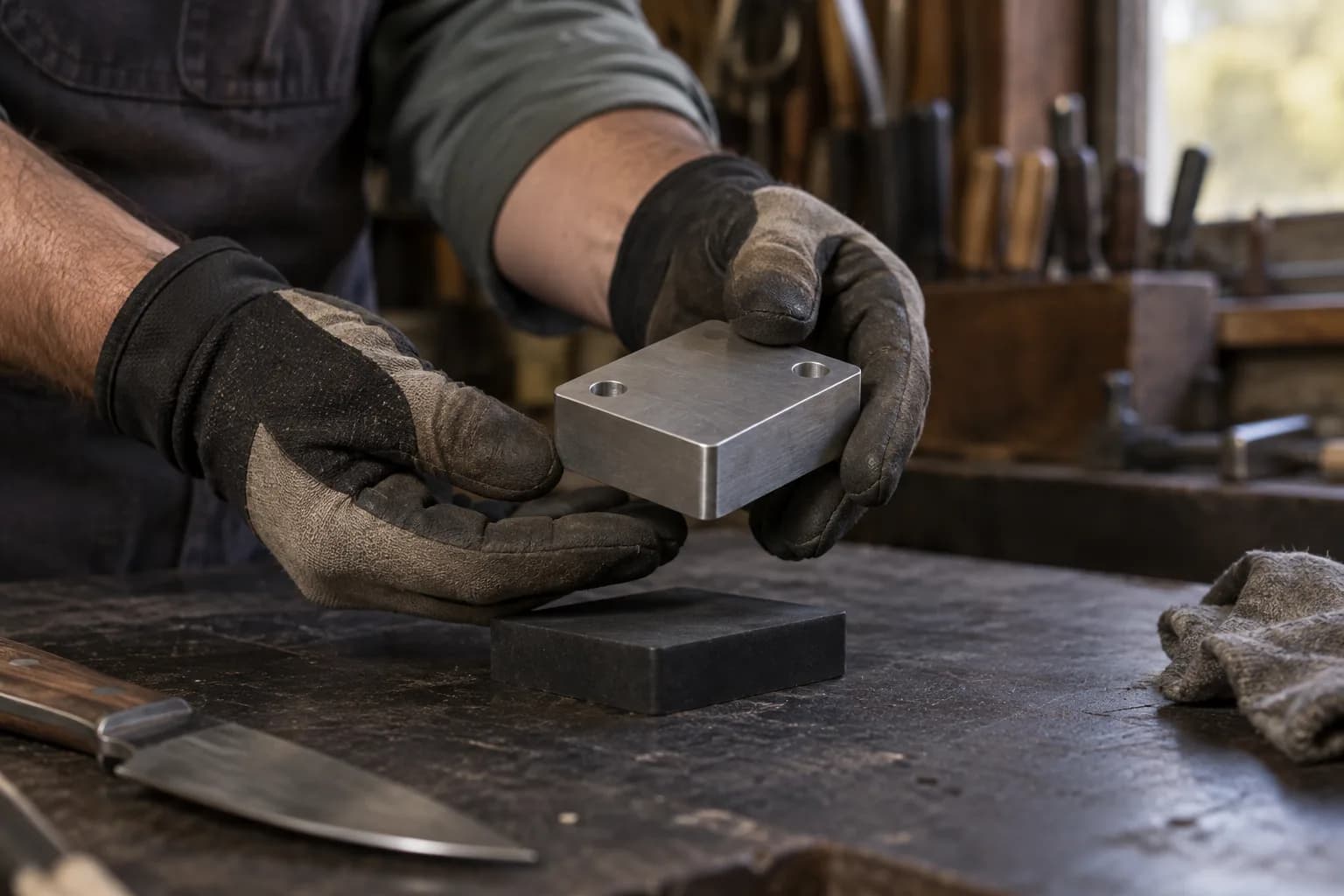 Gloved hands lift a small aluminum block with two drilled holes just above a dark pad on a worn shop bench.
