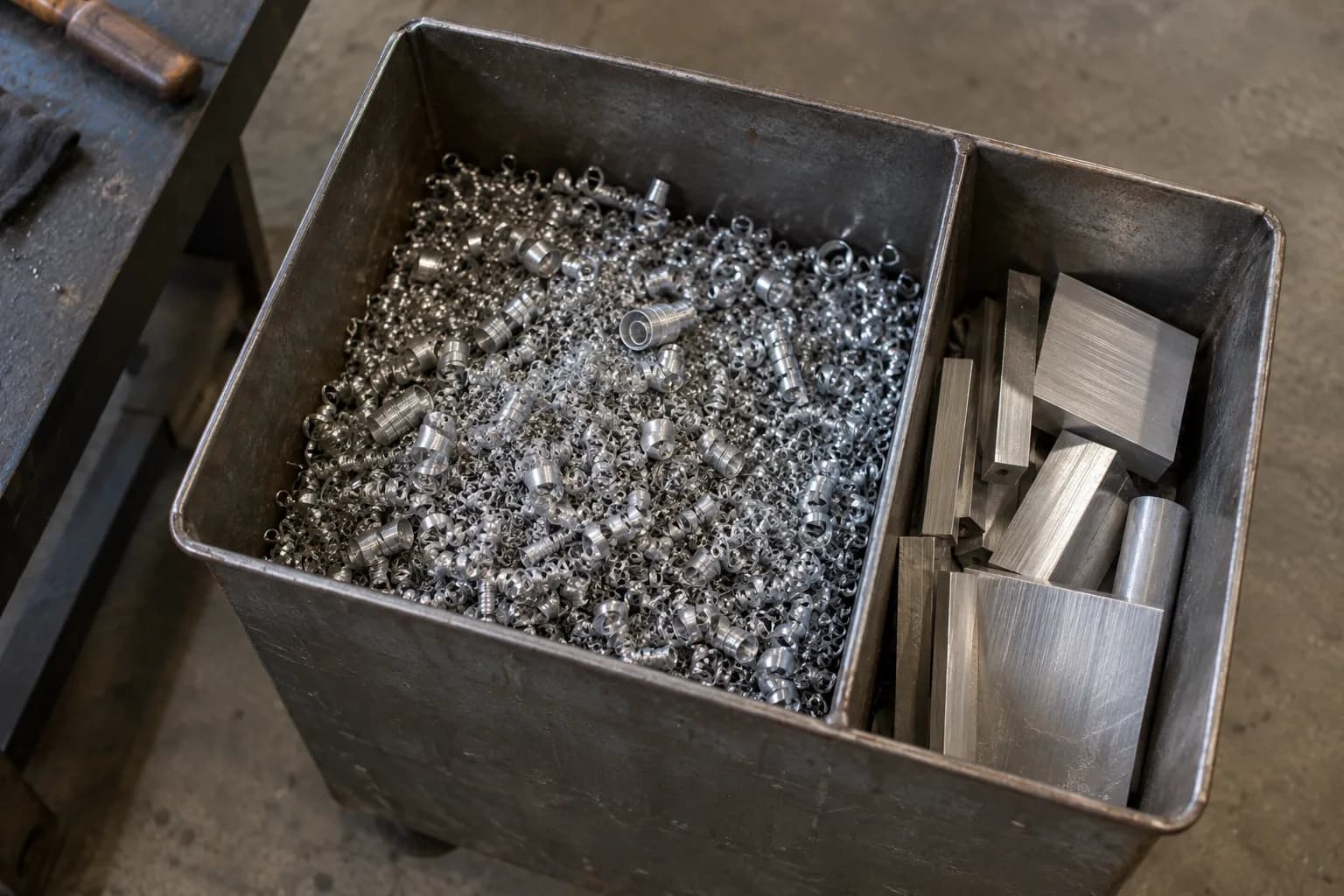 Top-down view of a steel bin with curled aluminum chips in one compartment and flat aluminum offcuts in the other.
