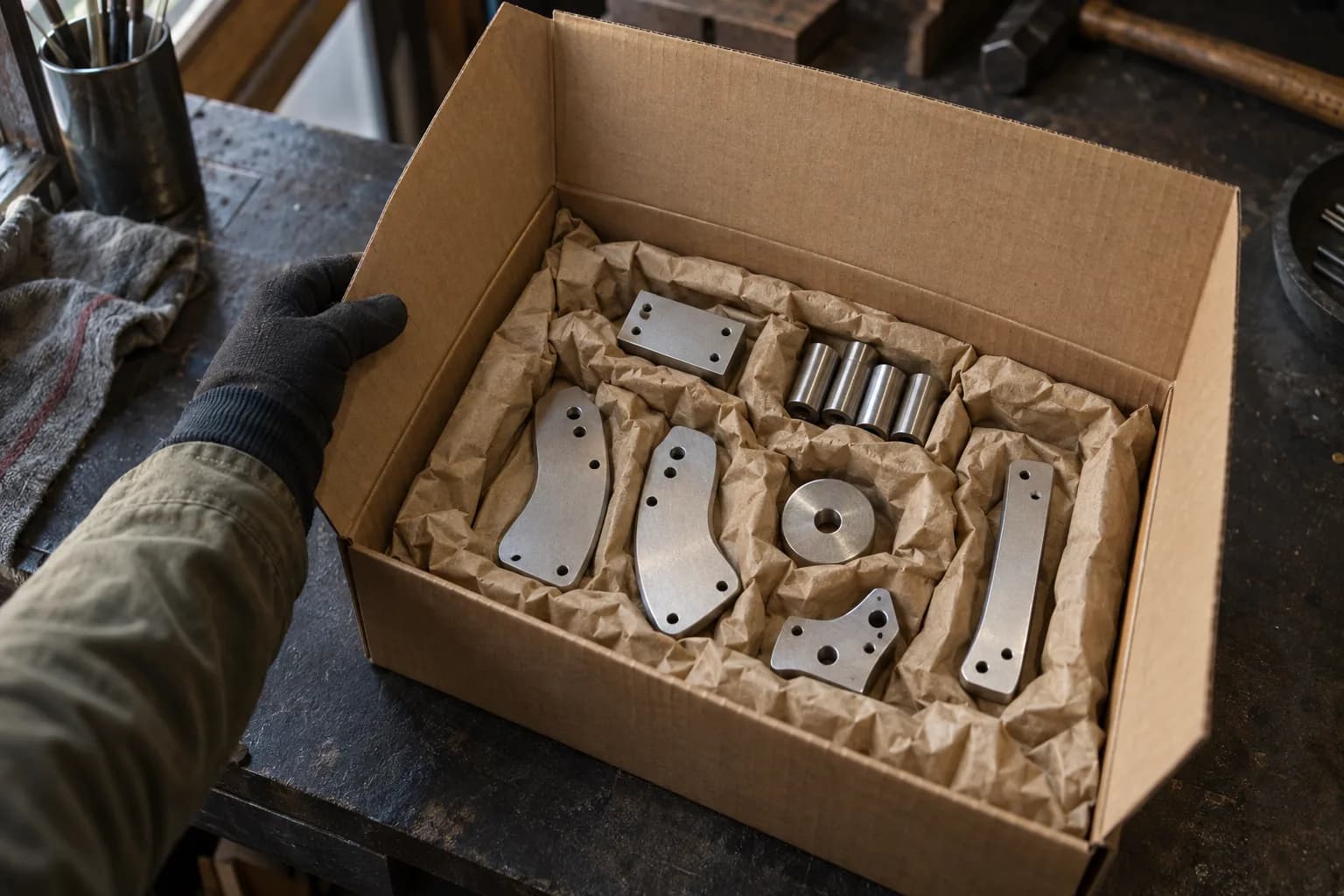 Open cardboard carton on a bench with aluminum plates and spacers nestled in kraft paper, one gloved hand on the edge.