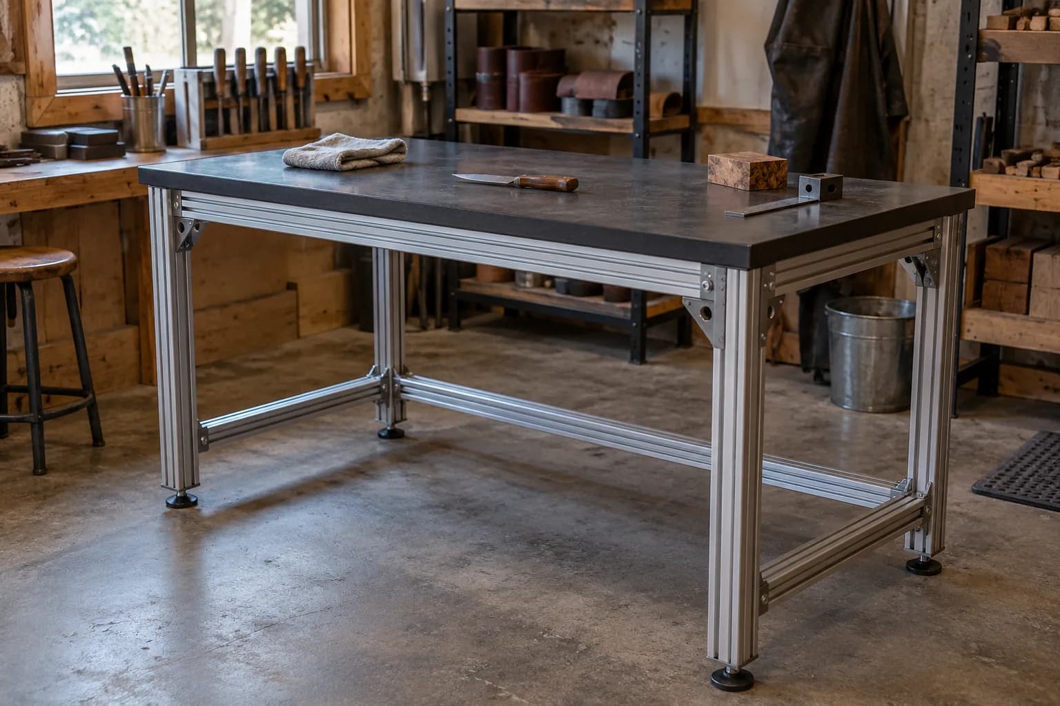 Aluminum T-slot extrusion workbench with corner brackets, leveling feet and a dark top, in a small woodworking shop.