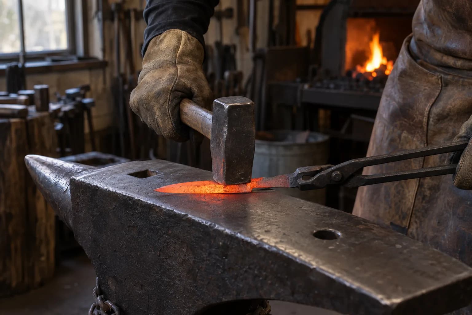 Gloved hand brings a hammer down on a glowing orange knife preform held in tongs on an anvil, forge fire behind.