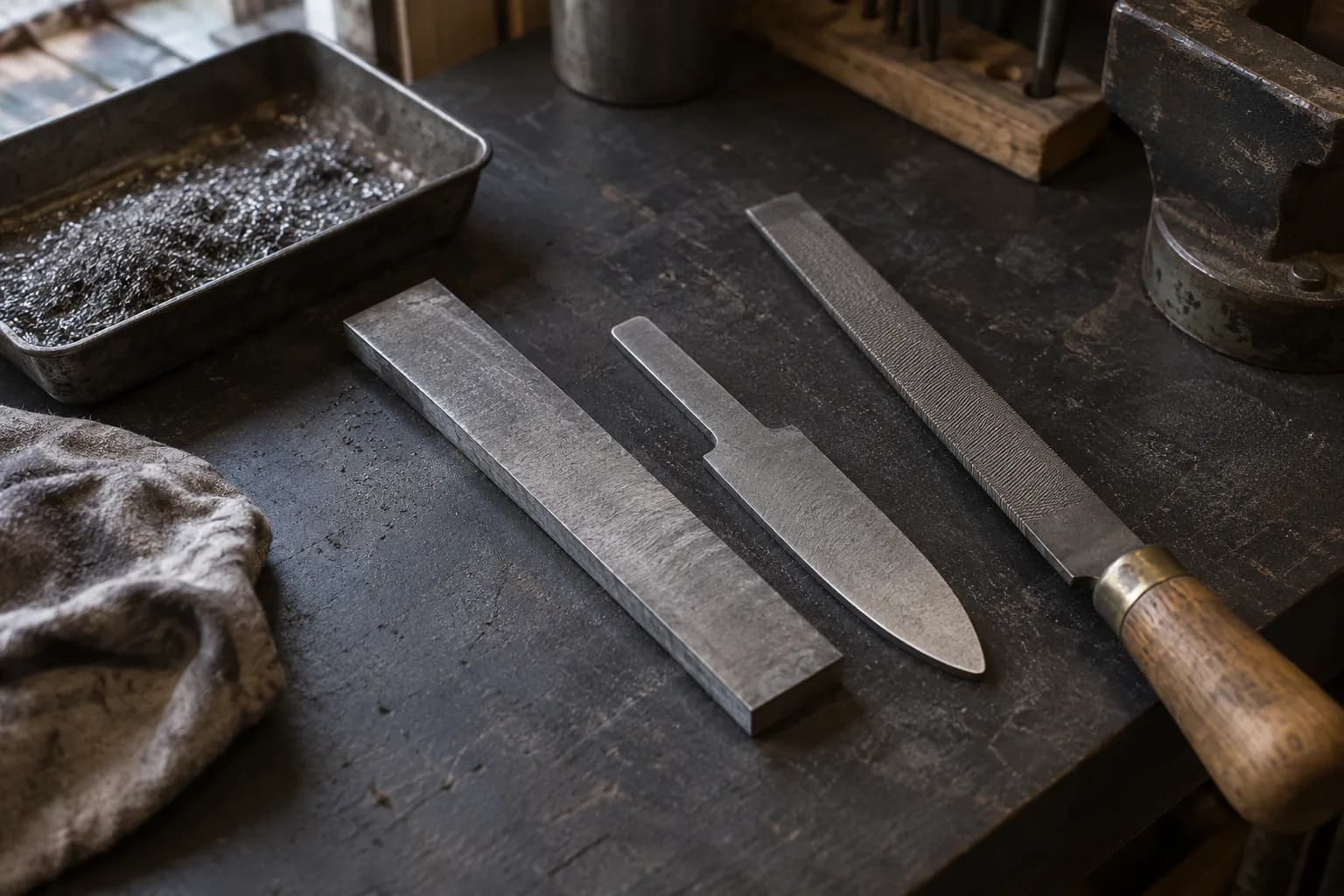Flat steel bar, a profiled knife blank with tang and a wooden-handled file on a dark bench beside a tray of steel filings.