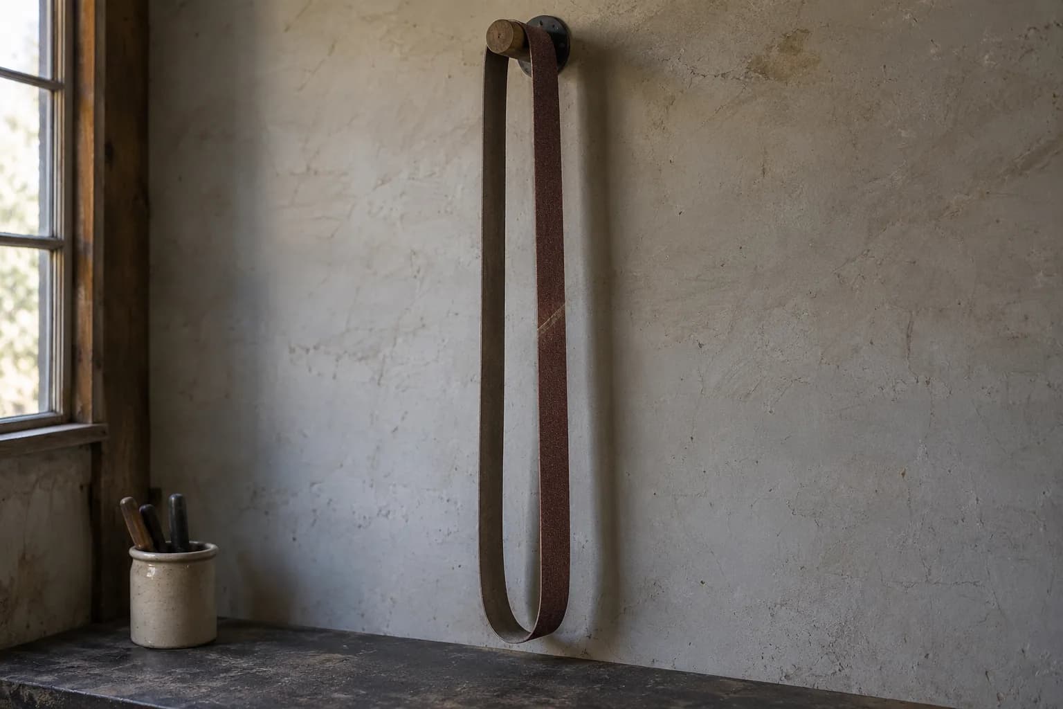 Long unprinted abrasive belt hanging in an untwisted loop from a round wooden peg on a plaster shop wall, bench below.