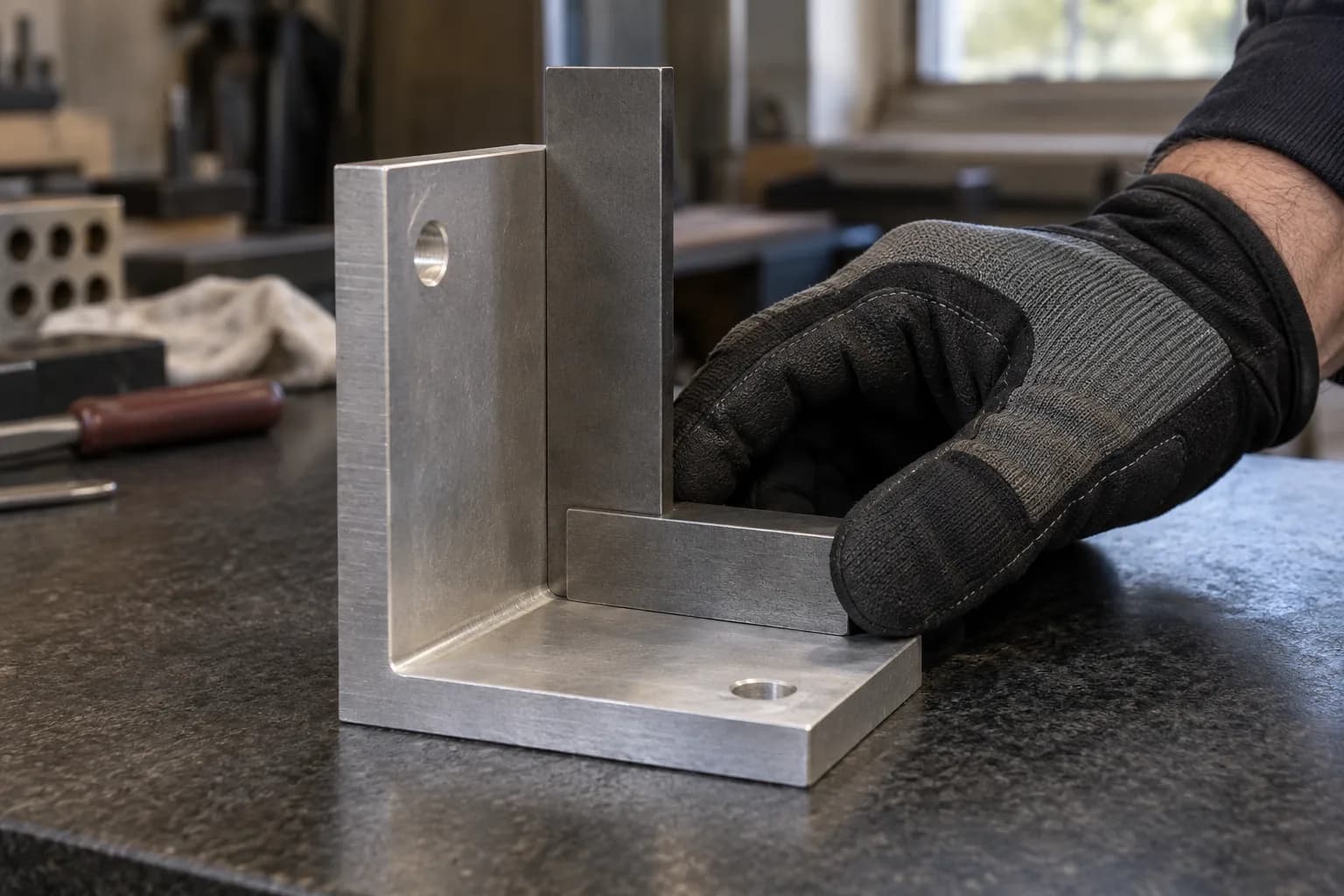 Gloved hand holding a plain steel square in the corner of a machined aluminum bracket on a dark granite plate.