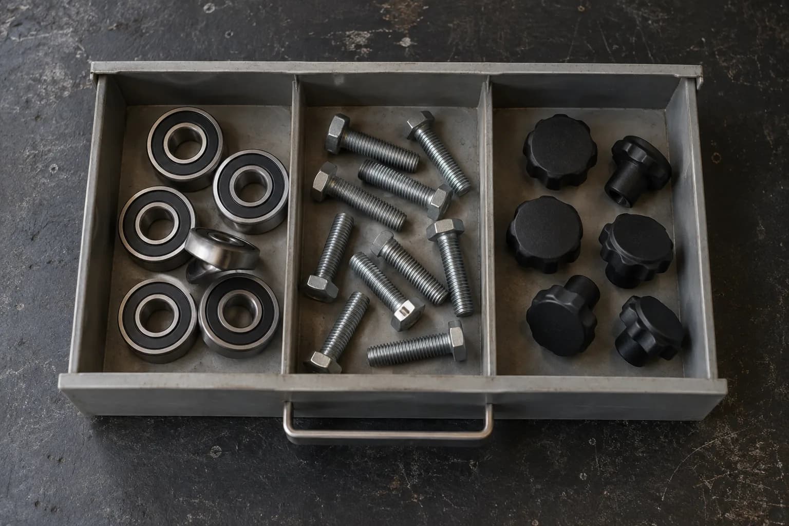 Open steel parts drawer in three compartments holding sealed bearings, hex bolts and black lobed knobs on a dark bench.