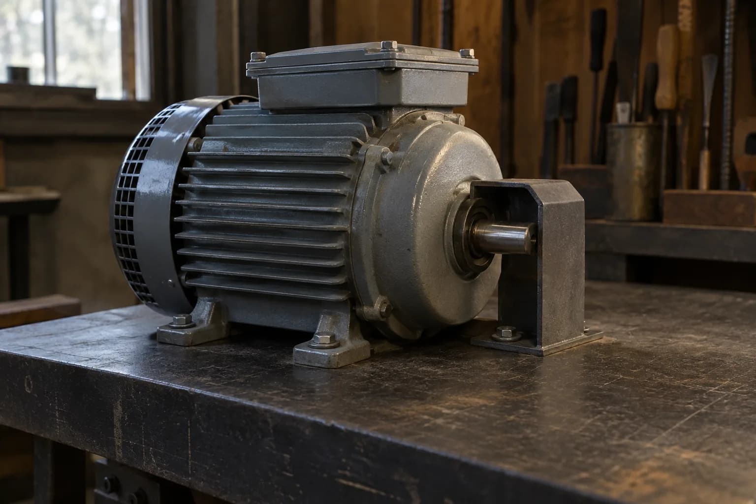 Finned grey electric motor bolted to a steel bench, with fan guard, closed terminal box and bare shaft beside a steel bracket.
