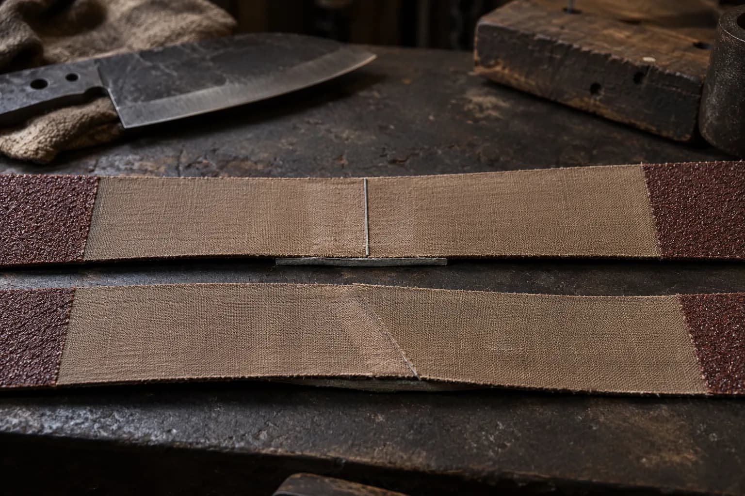 Two cloth-backed abrasive belt strips on a dark bench, one with a flush butt splice and one with a diagonal scarfed overlap.