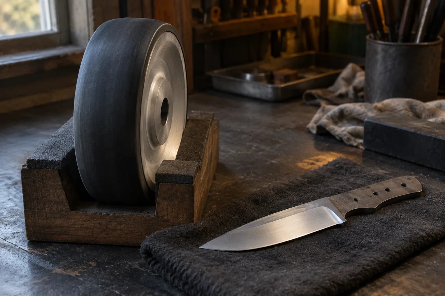 Rubber contact wheel on an aluminium hub standing in a padded wooden cradle beside a polished knife blank on a dark towel.