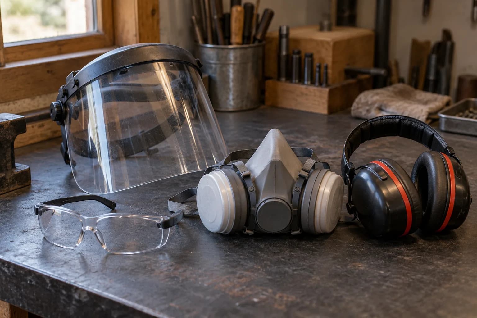 Clear safety glasses, face shield, half-mask respirator and black earmuffs laid out on a dark workbench near a window.
