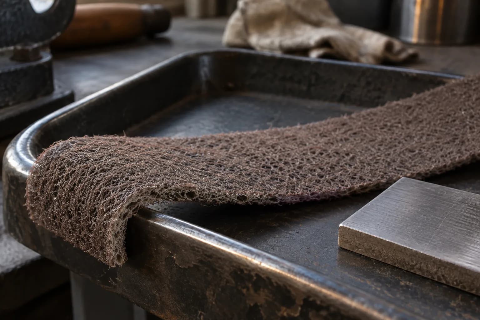Cut nonwoven abrasive belt strip with open brown fiber web draped over a dark steel tray lip beside a satin steel block.